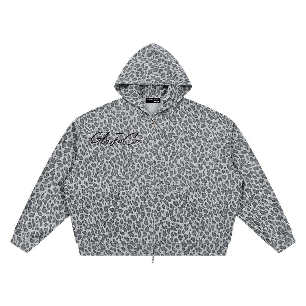 Unisex Leopard Print Waffle Full Zip Hoodie