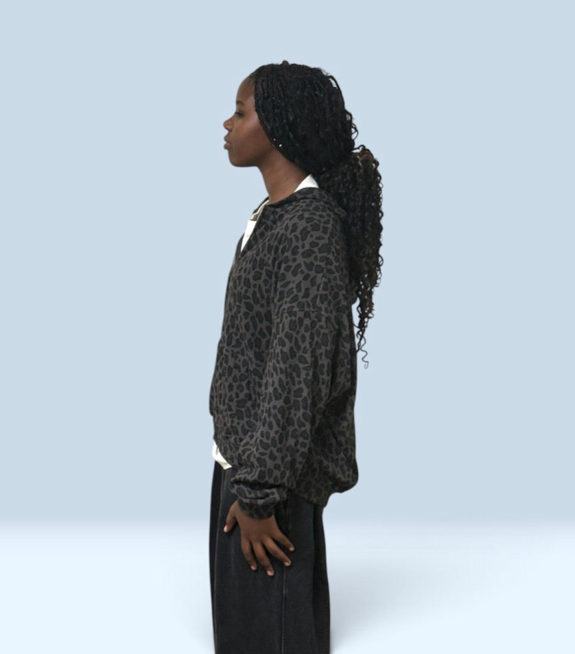 Unisex Leopard Print Waffle Full Zip Hoodie